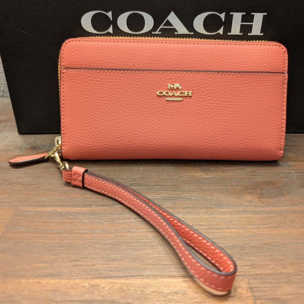 Coach Coral Pink Pebbled Leather Zip Wristlet